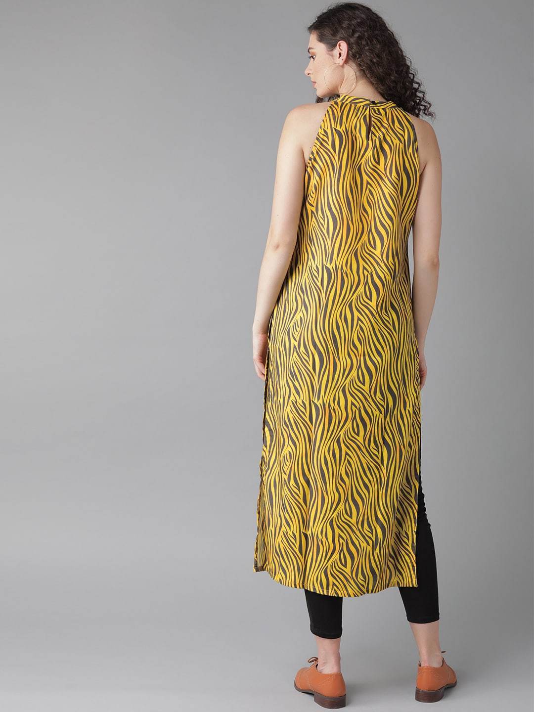 Women's  Yellow & Charcoal Grey Zebra Print Straight Kurta