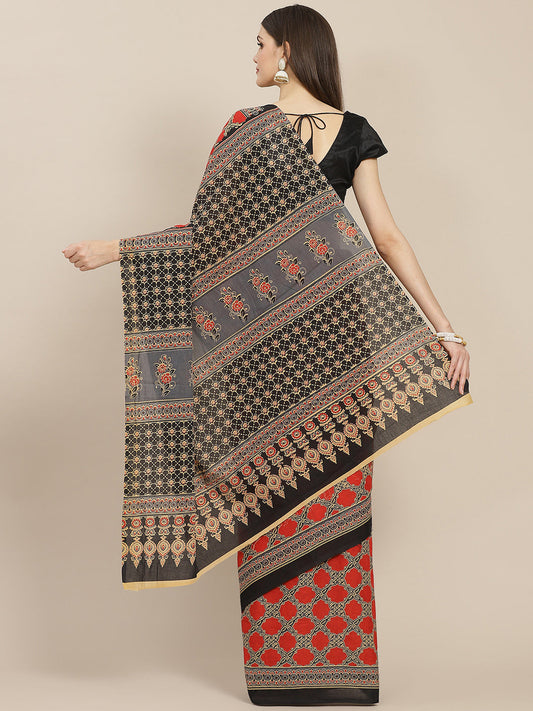 Women's Maroon Geometric Sarees With Unstitched Blouse