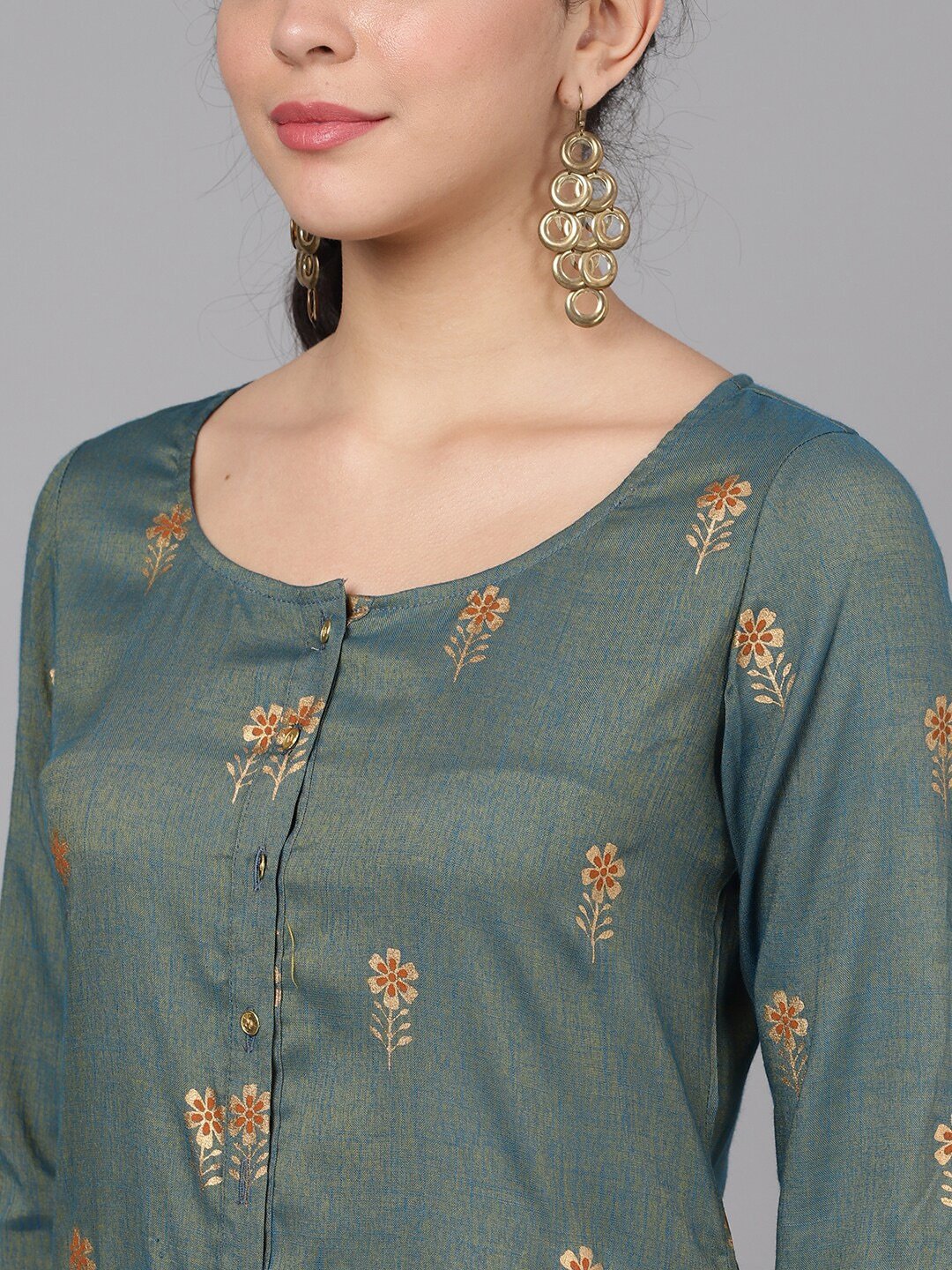 Women's  Green & Gold-Toned Printed A-Line Kurta