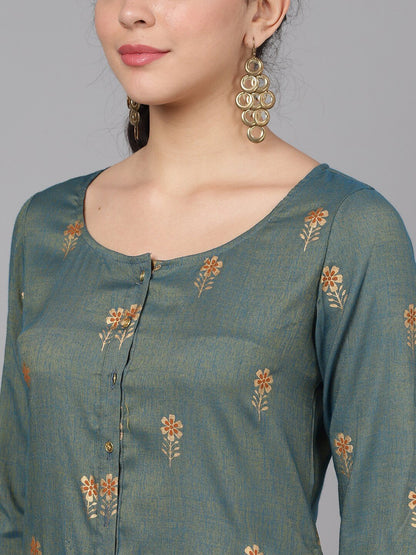 Women's  Green & Gold-Toned Printed A-Line Kurta