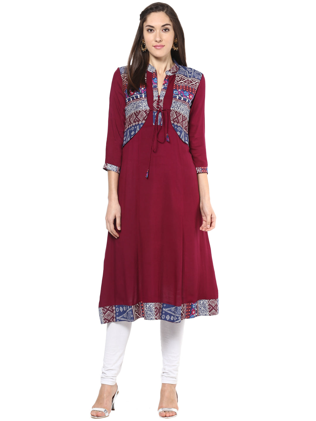 Women's Red And Navy Blue Jacket Style Anarkali Kurti