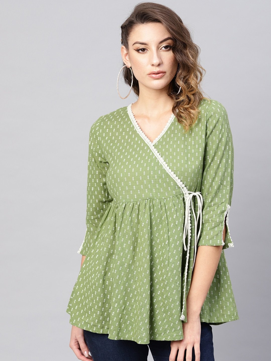 Women's Green & White Printed Angrakha Tunic