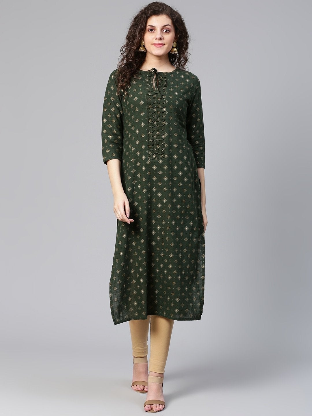Women's Green & Golden Printed Straight Kurta