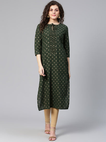 Women's Green & Golden Printed Straight Kurta