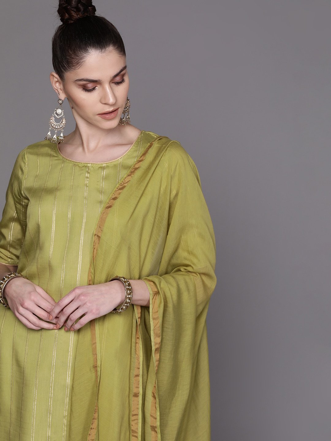 Women's  Olive Green & Golden Striped Kurta with Palazzos & Dupatta