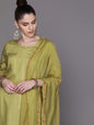 Women's  Olive Green & Golden Striped Kurta with Palazzos & Dupatta