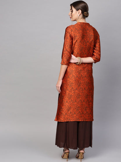 Women's  Orange & Brown Woven Design Brocade Reversible Straight Kurta