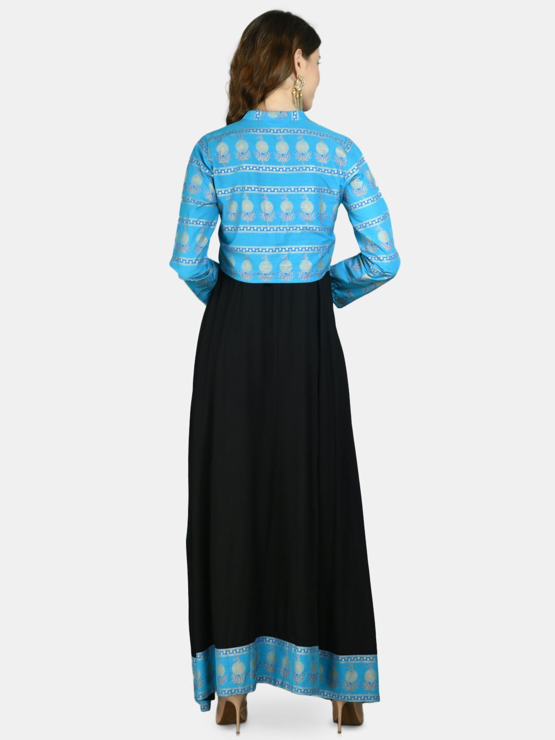 Women's Black Viscose Printed Full Sleeve Round Neck Casual Dress with  Jacket