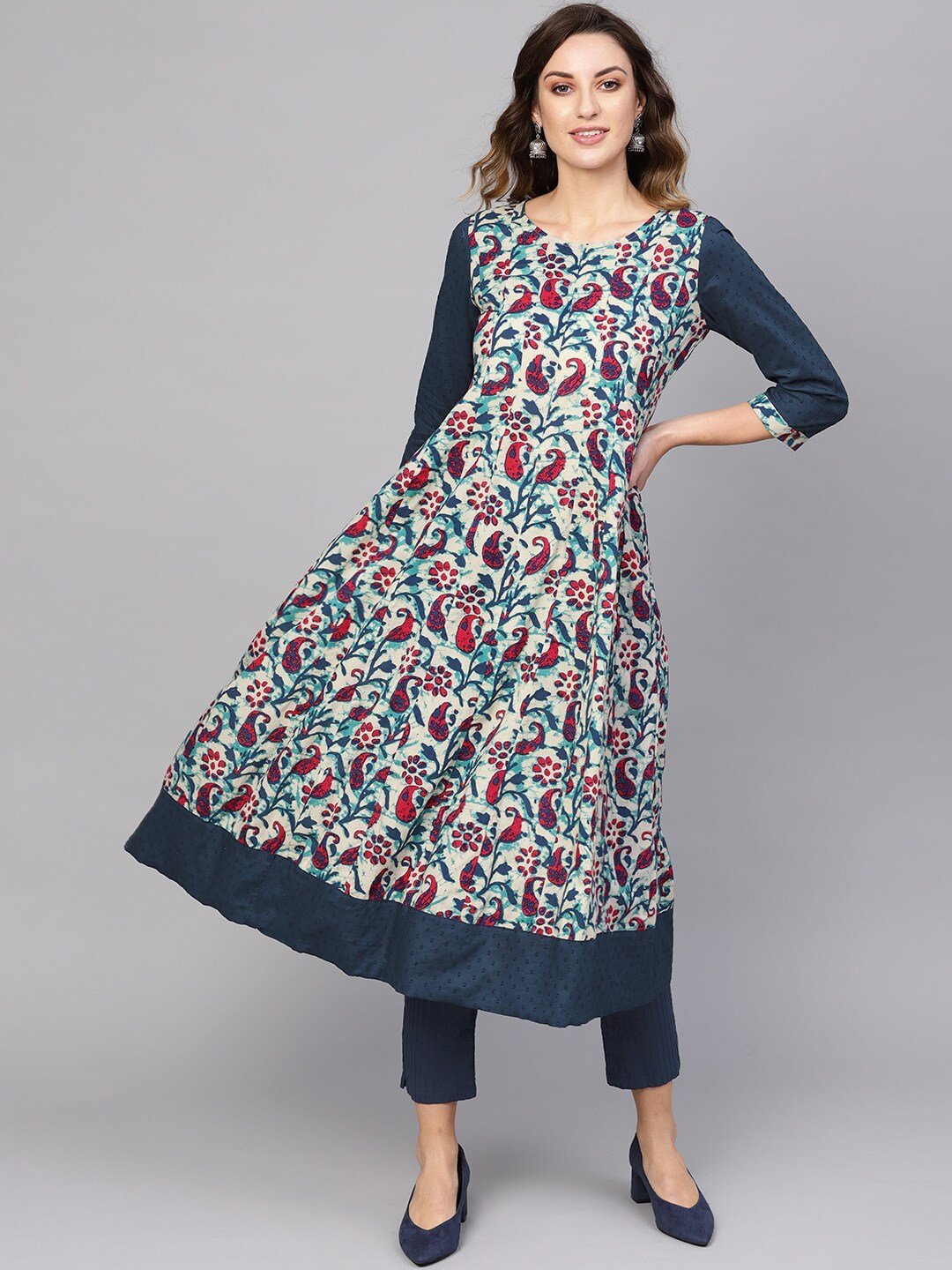 Women's  Off-White & Navy Blue Printed A-Line Kurta