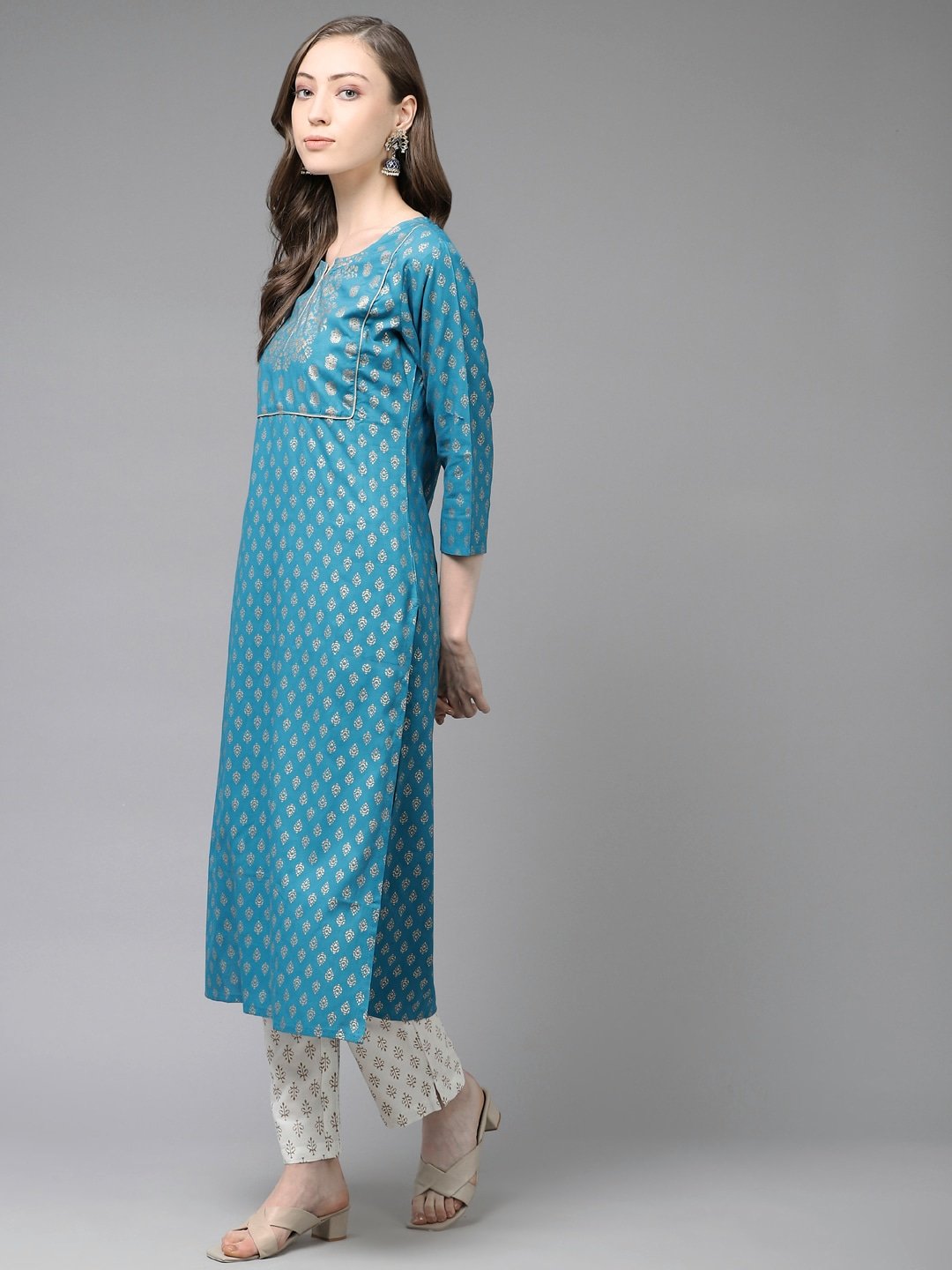 Women's Teal Blue & Off-White Printed Kurta Set