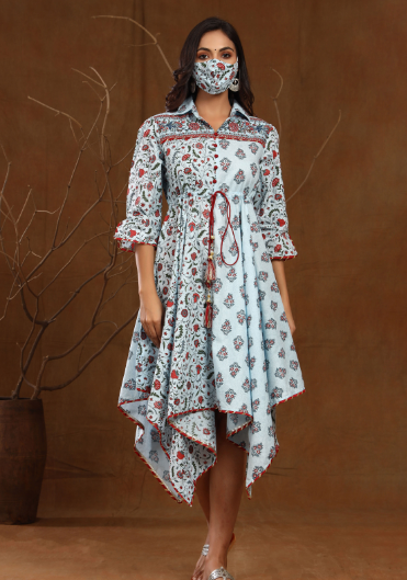 Women's Cambric Floral Print Asymmetric Dress With Mask