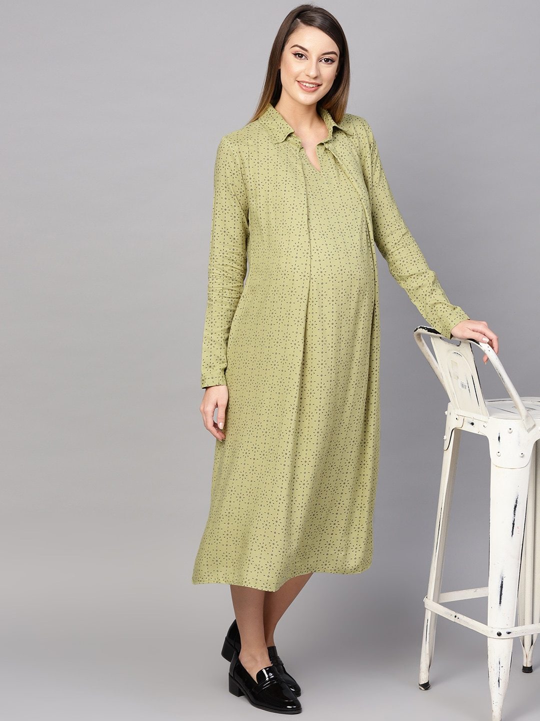 Women's  Green Printed Layered Maternity Shirt Dress