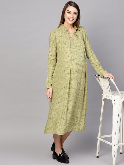 Women's  Green Printed Layered Maternity Shirt Dress