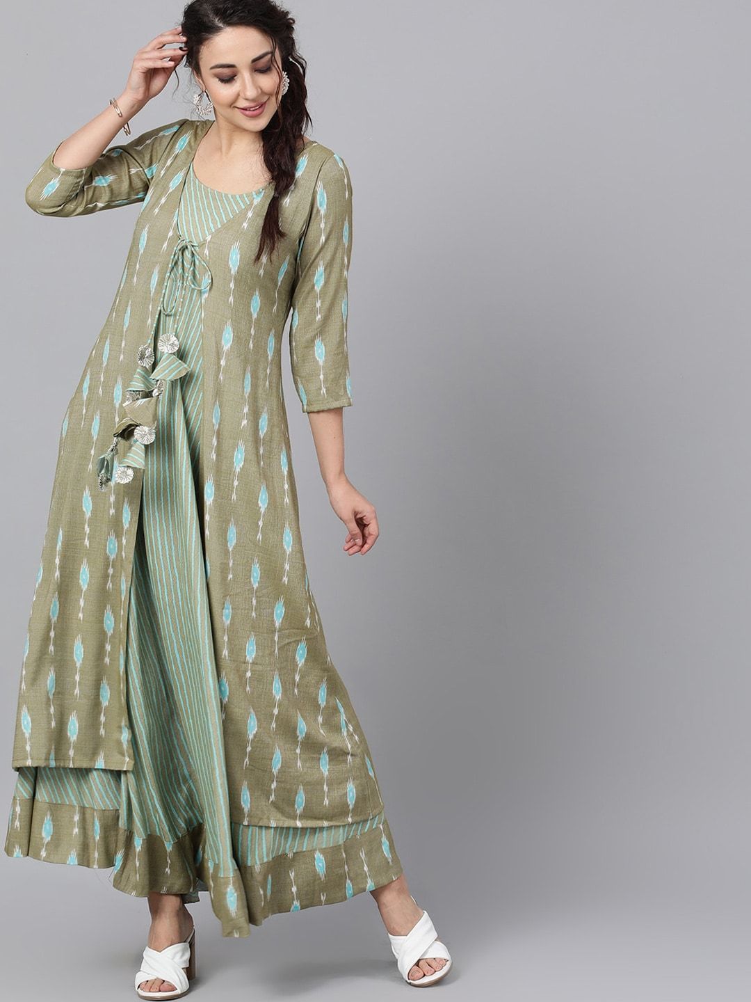 Women's  Green Printed Layered Maxi Dress