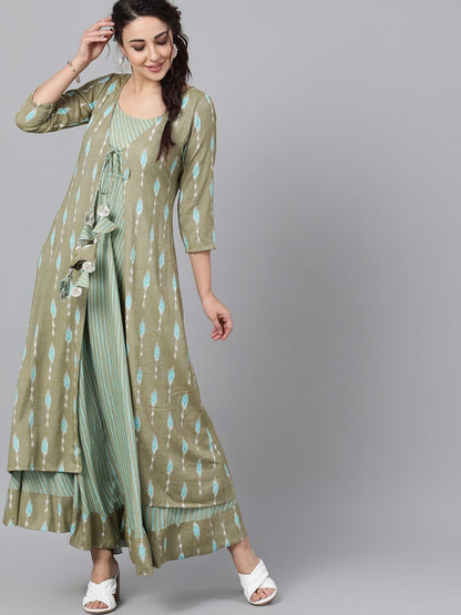 Women's  Green Printed Layered Maxi Dress