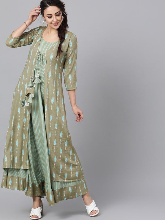 Women's  Green Printed Layered Maxi Dress