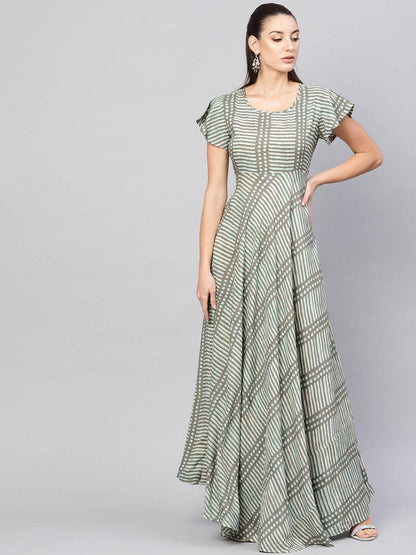Women's  Taupe & Green Printed Maxi Dress