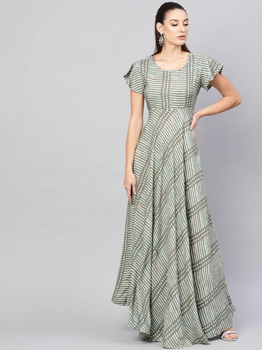 Women's  Taupe & Green Printed Maxi Dress