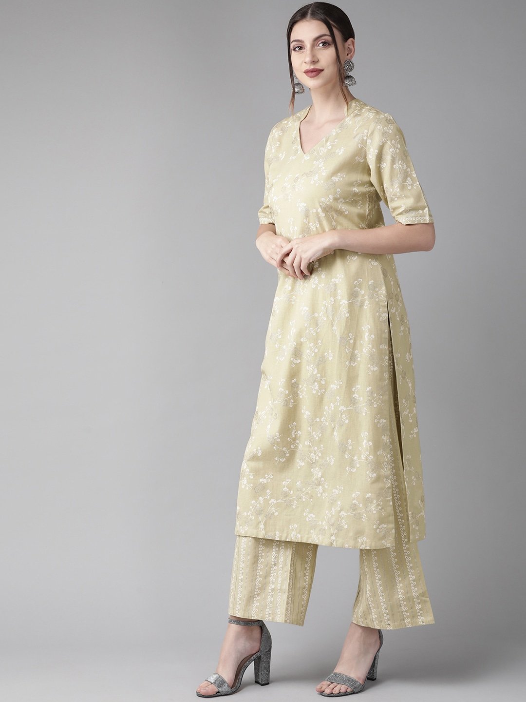 Women's  Beige & White Printed Kurta with Palazzos