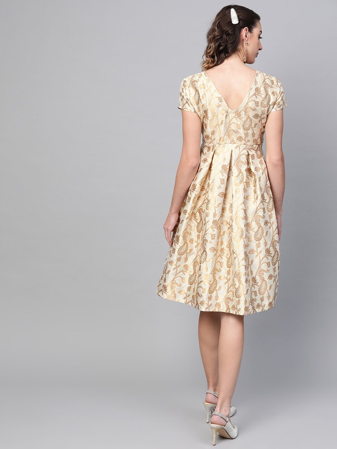 Women's  Beige & Golden Jacquard Self Design Fit and Flare Dress