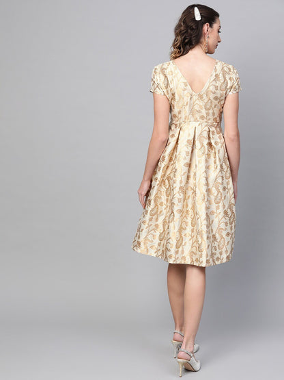 Women's  Beige & Golden Jacquard Self Design Fit and Flare Dress
