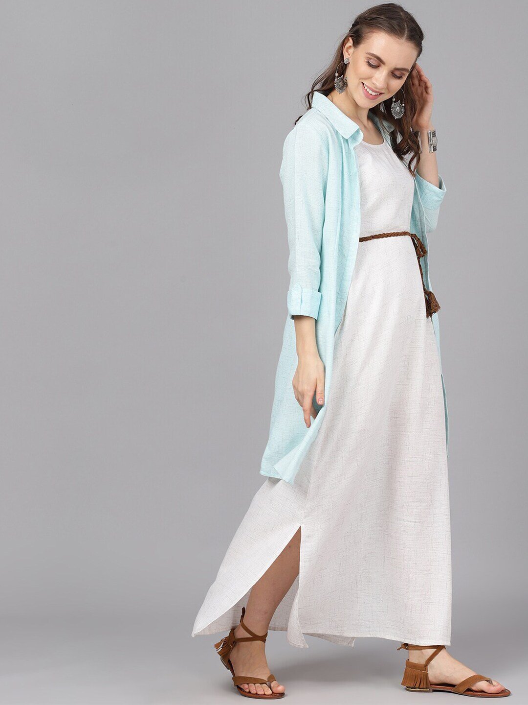 Women's  Turquoise Blue Solid Longline Open Front Jacket