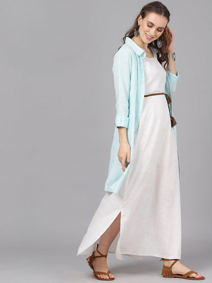Women's  Turquoise Blue Solid Longline Open Front Jacket