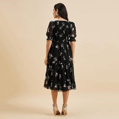Women's Black Georgette Printed Smocking Dress
