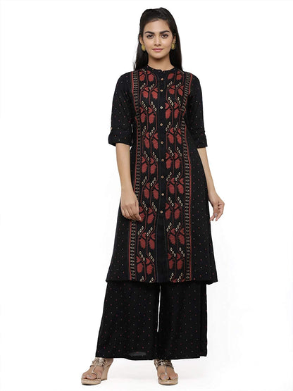 Women's Black Rayon Slub Printed A-Line Kurta