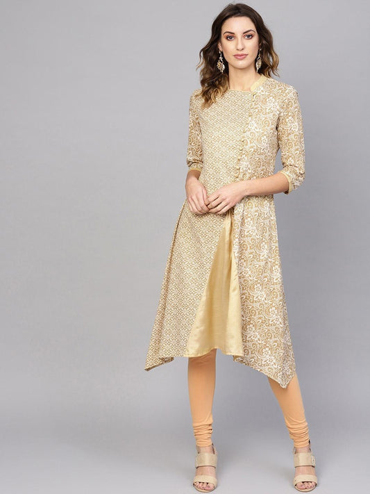 Women's  Off-White & Beige Printed A-Line Angrakha Kurta