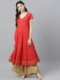 Women's  Red & Gold-Toned Woven Design Anarkali Kurta