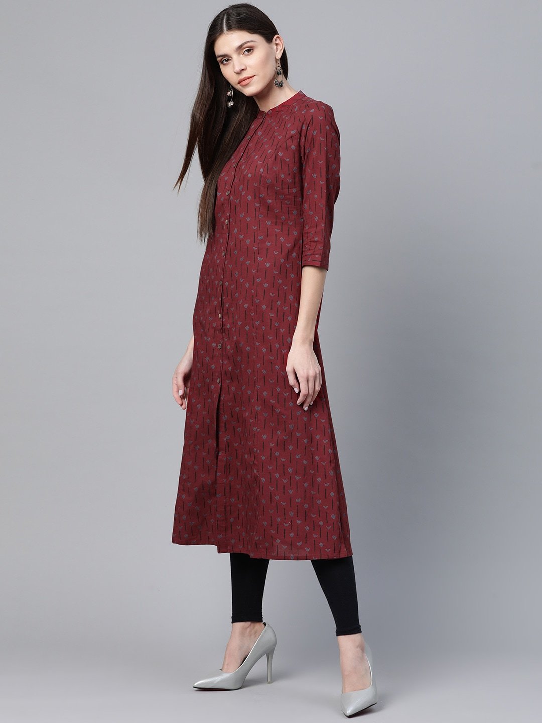 Women's  Maroon & Blue Printed A-Line Kurta