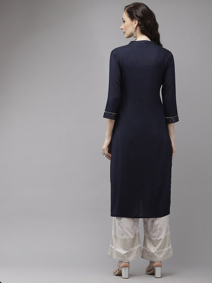 Women's Navy Blue Regular Sequinned Kurta Set