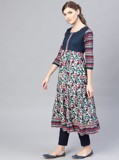 Women's  Off-White & Navy Blue Printed Anarkali Kurta