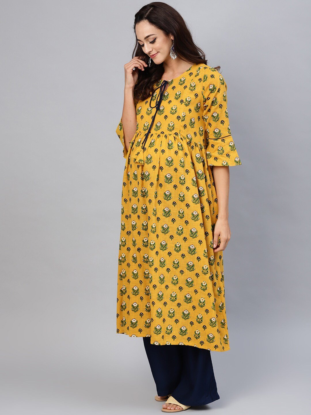 Women's  Mustard Yellow & Green Printed A-Line Maternity Kurta