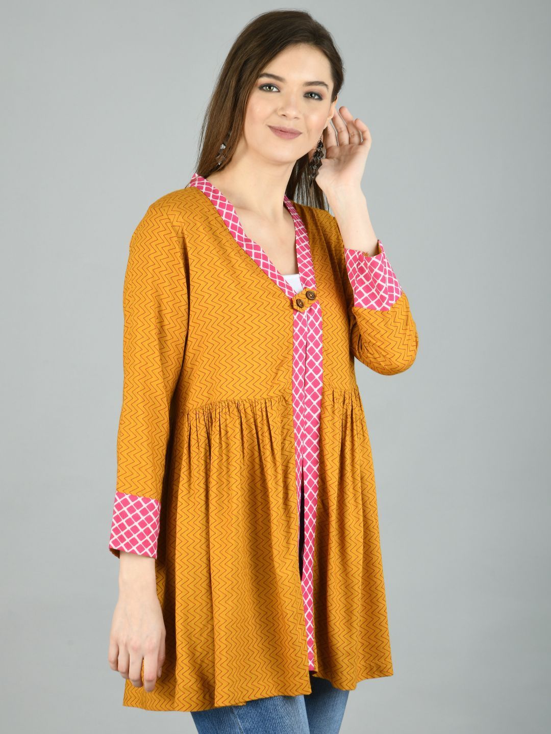 Women's Mustrd Cotton Printed Full Sleeve V Neck Casual Shrug