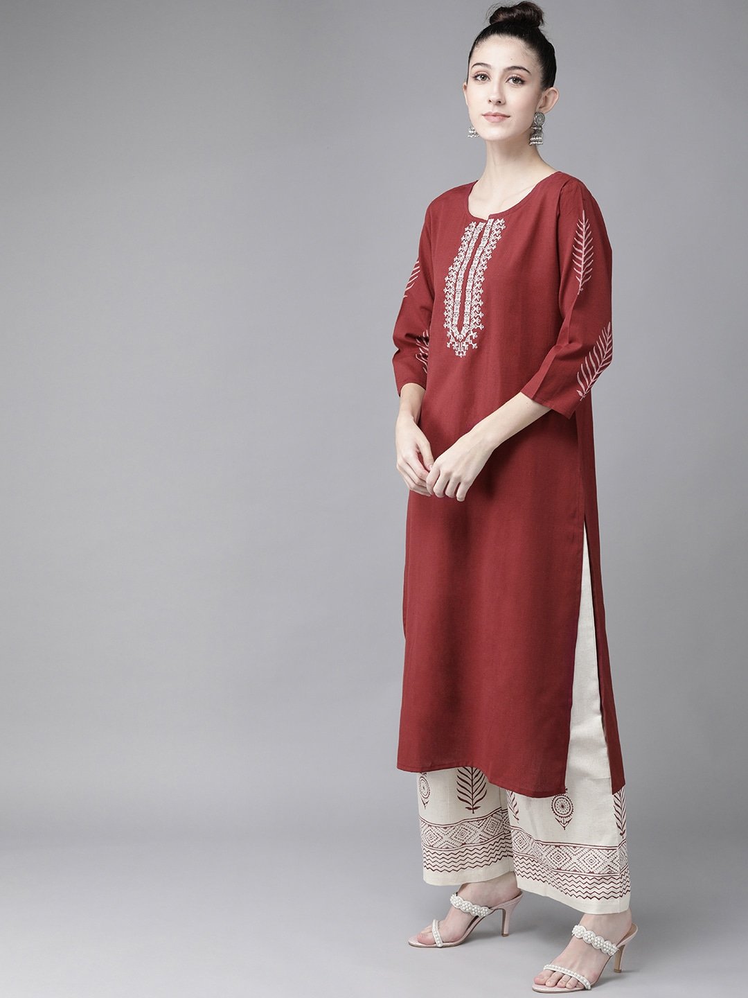 Women's Maroon & Offwhite Embroidered Kurta Set