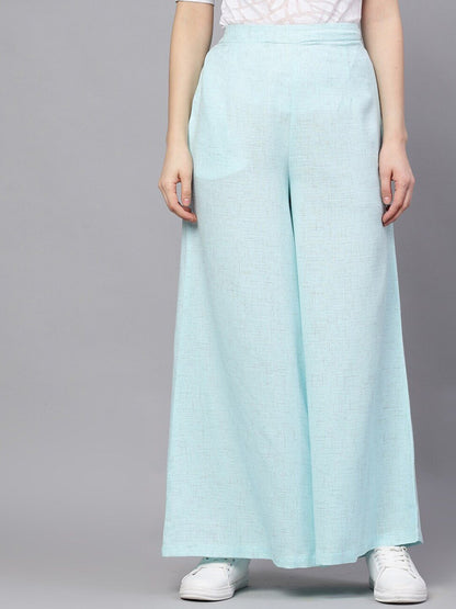 Women's  Blue Self Design Flared Palazzos