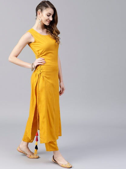Women's  Mustard Solid Straight Kurta