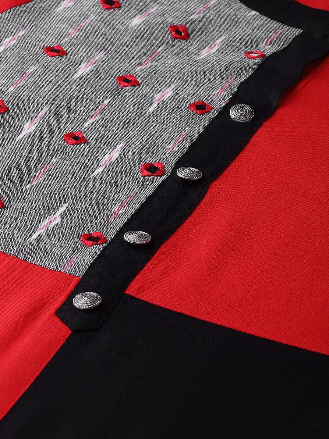 Women's Red & Black Ikat Handloom Colourblocked Straight Kurta