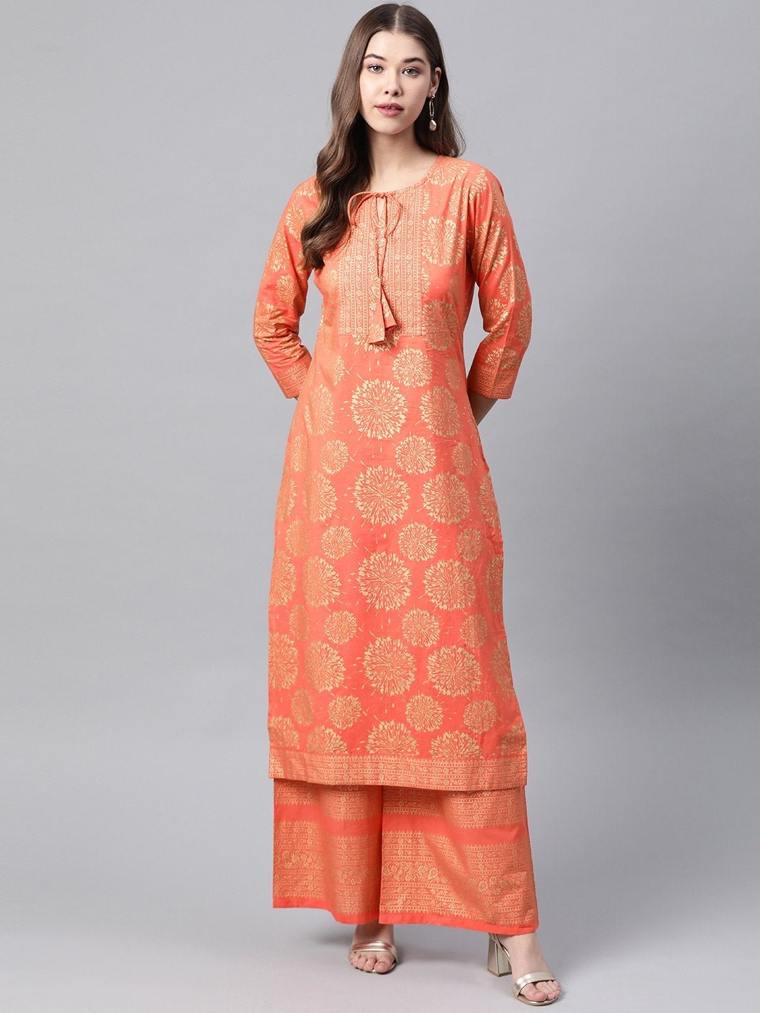 Women's Coral Orange & Golden Printed Cotton Kurta with Palazzos