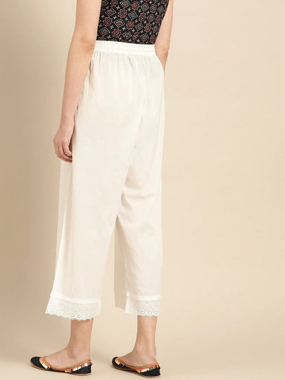 Women's White Schiffli Hem Design Straight Cropped Palazzos