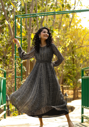 Women's Black Alphin Chiffon Printed Flared Dress with Waist Tie-up