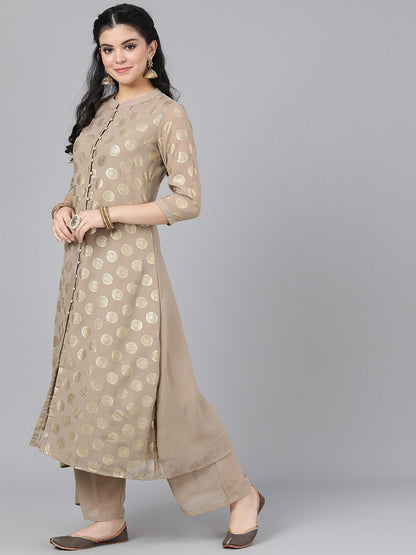 Women's  Taupe & Gold-Toned Woven Design A-Line Kurta