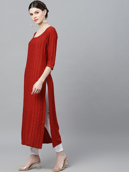 Women's  Red & Black Striped Straight Kurta