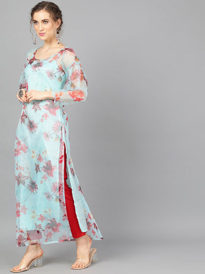 Women's  Turquoise Blue Printed Straight Kurta