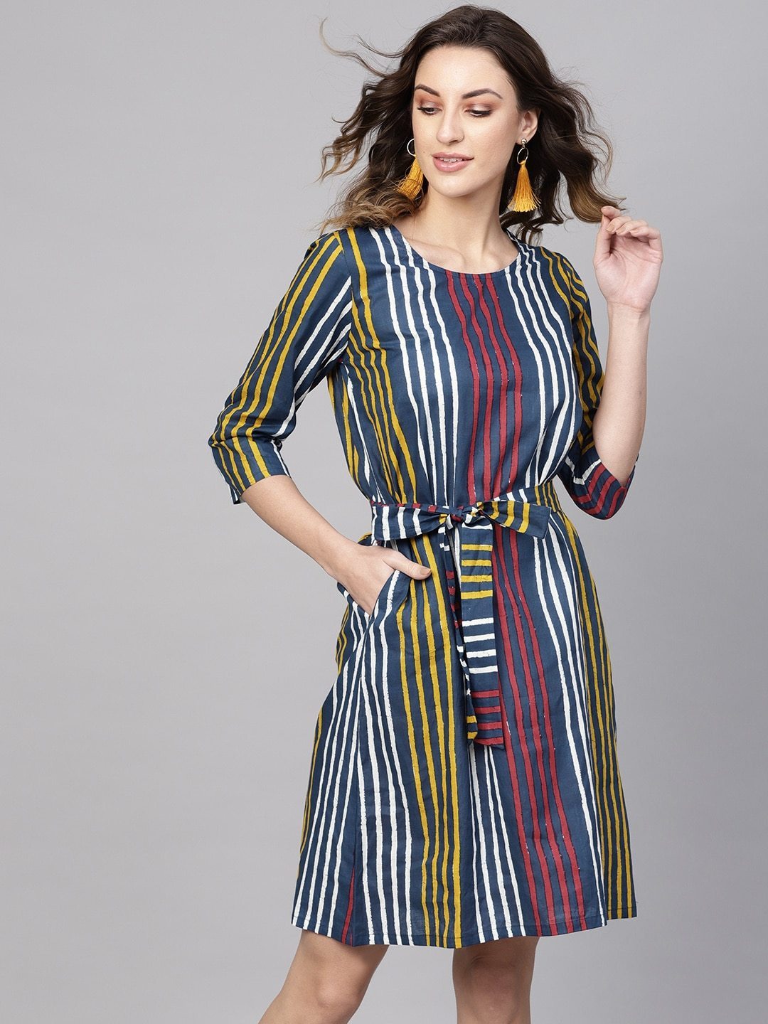 Women's  Blue & Yellow Striped A-Line Dress