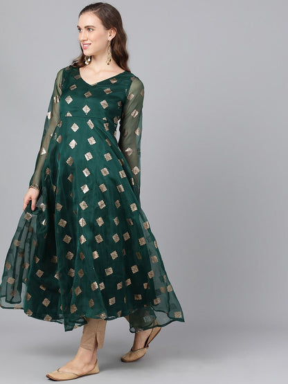 Women's  Green & Gold-Toned Woven Design Anarkali Kurta