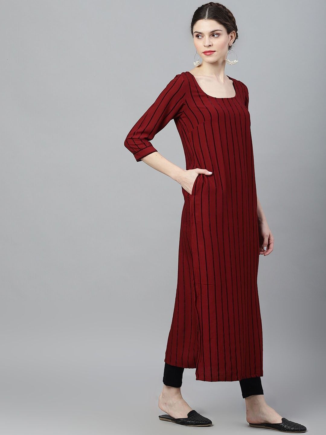 Women's  Maroon & Black Striped Anarkali Kurta
