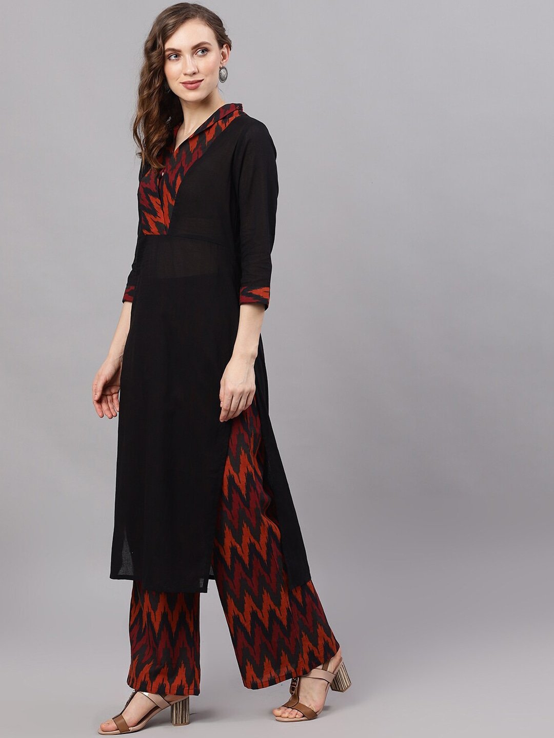 Women's  Black & Maroon Yoke Design Kurta with Palazzos